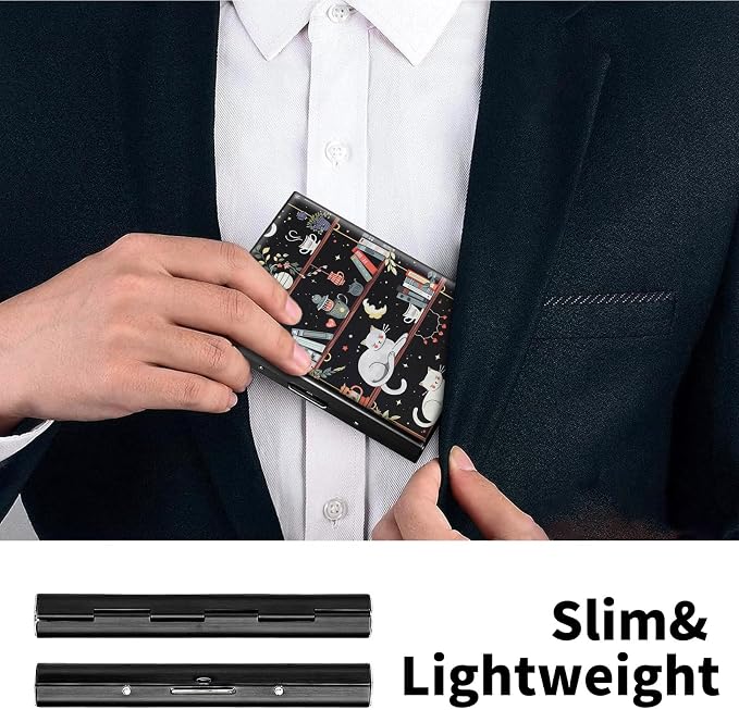 Metal Wallet, Credit Card Holder for Women Men Girls, RFID Blocking Aluminum Wallet Slim Hard Case, Mini Travel Wallet, ID Card Holder Business Card Case,Cat Library Bookshelf
