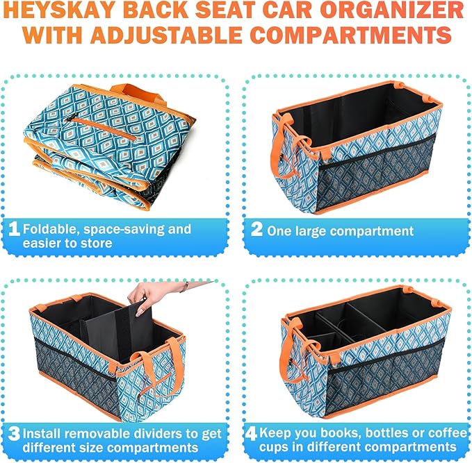 HEYSKAY Car Seat Organizer-Passenger Seat Organizer, Collapsible Small Car Seat Organizer for Console Front/Back, Car Seat Caddy Organizer with 4pc Drink Holders Automotive Backseat Organizer for Kids