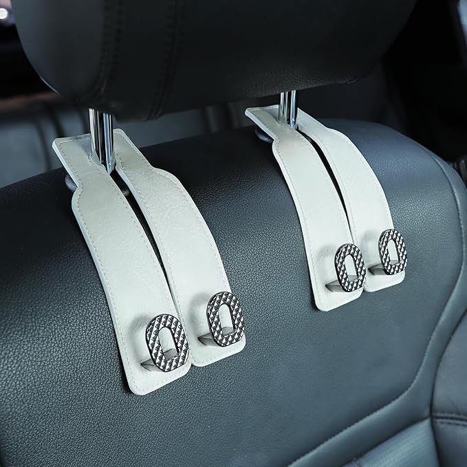 Car Headrest Hooks Universal Car Purse Hook Premium Leather and Alloy Twin Hook Car Seat Back Storage Hanger Hook for Purse Bags Cloth Drink Durable Holder Car Accessories (BH09-White-Black)
