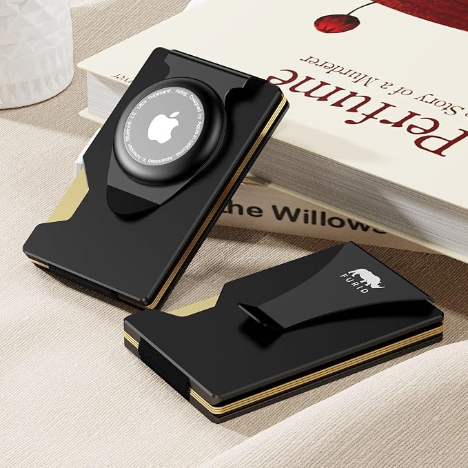 furid Airtag Wallet Men Slim: Metal Wallets with Airtag Holder, Air Tag Wallet for Men with 2 Money Clip Replaceable Gift Boxed