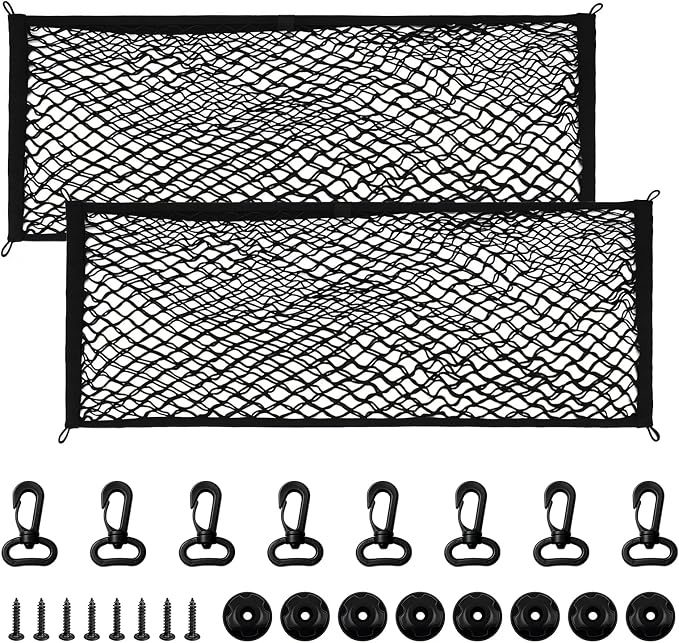 2 PCS Car Rear Cargo Net, Adjustable Elastic Trunk Storage Net with Mounting Screws & Hooks, Envelope Style Mesh Organizer Cargo Netting for SUV Pickup Truck, Car Accessories (Large)