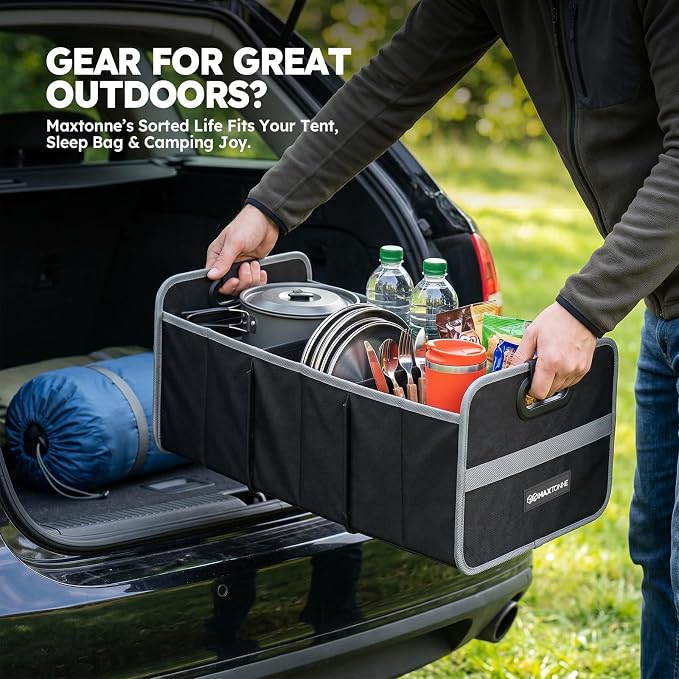 50L Car Trunk Organizer, Heavy-Duty 600D Oxford Collapsible Storage Box with 3-Compartments & Securing Straps, Foldable Organizer for SUV/Sedan/Truck, Car Accessories Storage