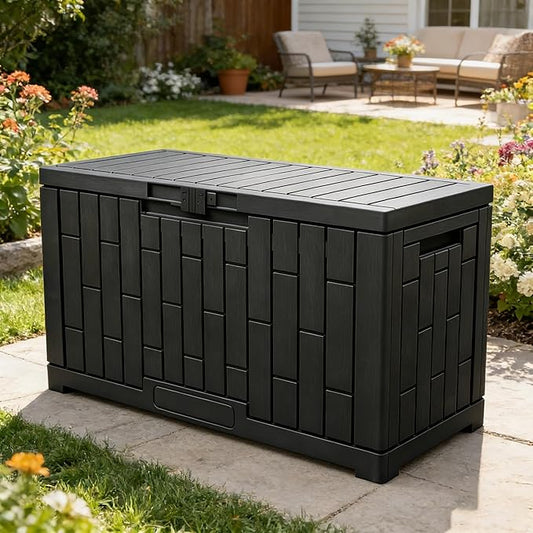 YITAHOME 60 Gallon Resin Deck Box, Weather Resistant Outdoor Rattan Storage Box with Slide-Locking Lid, Lockable Indoor Outdoor Storage for Supplies and Essentials, Black