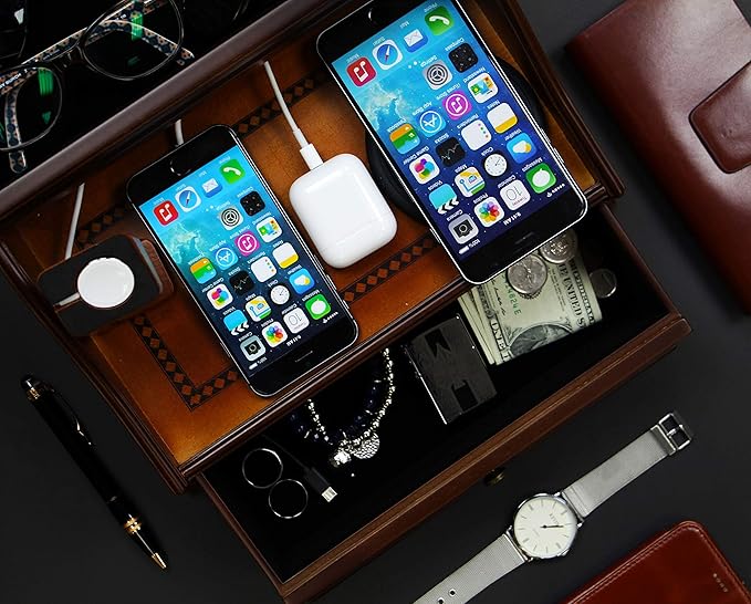 Pecan Brown Wooden Multi-Device Charging Station and Valet