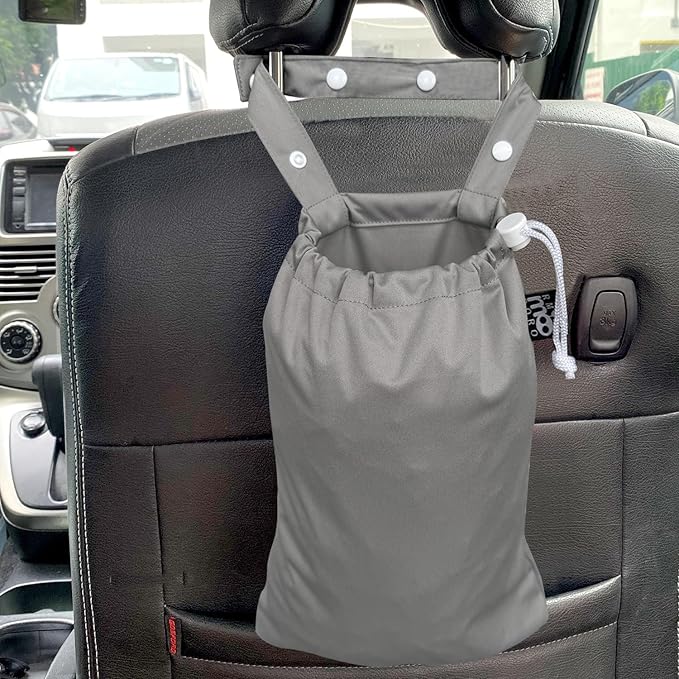 Waterproof Car Trash Bag Reusable Portable Garbage Can with Drawstring Top Adjustable Hanging Strap Leakproof & Washable for Cars SUVs & Trucks (Grey)