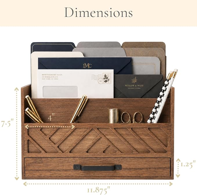 BLU MONACO | Wooden Mail Organizer with Drawer and Compartments | Mail Sorter Organizer Countertop for Desk Entryway | Outgoing Mail Holder Wood Desktop File Storage