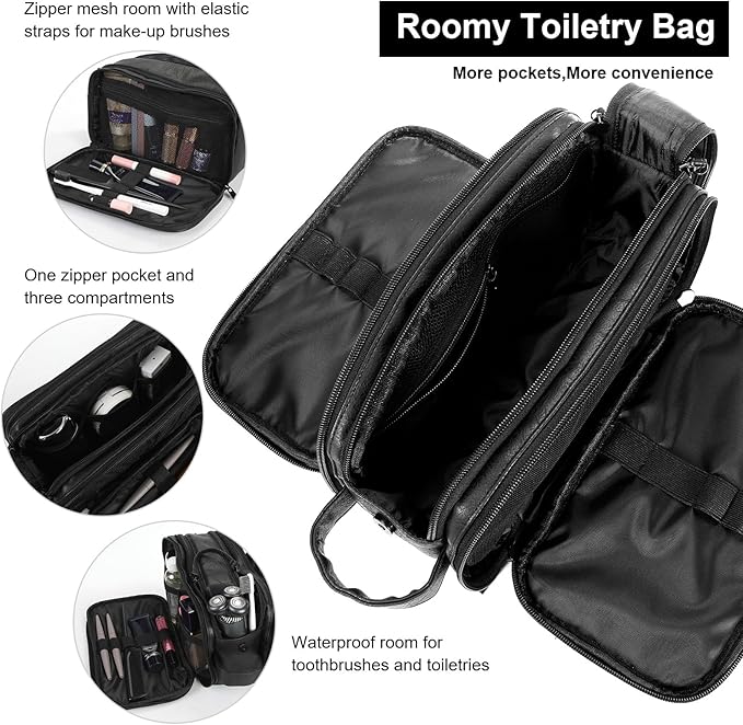 Toiletry Bag for Men and Women, Travel Essentials Shaving Dopp Kit, Travel Bag Toiletries Organizer Case for Grooming, PU Leather Water Resistant Cosmetic Bag Pouch (Black, Medium)