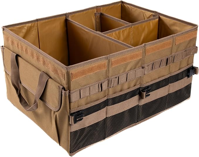 Large 70L SUV Trunk Organizer, Trunk Organizer With Lid, Foldable Cargo Storage Box, Brown, 4-Compartments With Handle,Universal for Car Sedan Truck Camping Grocery Shopping Travel