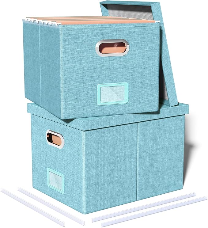 Oterri 2 Pack File Storage Organizer Box,Filing Box,Portable File Box with Lid,Fit for Letter/Legal File Folder Storage,Light-blue-Box only