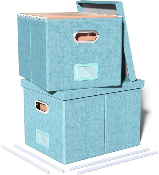 Oterri 2 Pack File Storage Organizer Box,Filing Box,Portable File Box with Lid,Fit for Letter/Legal File Folder Storage,Light-blue-Box only