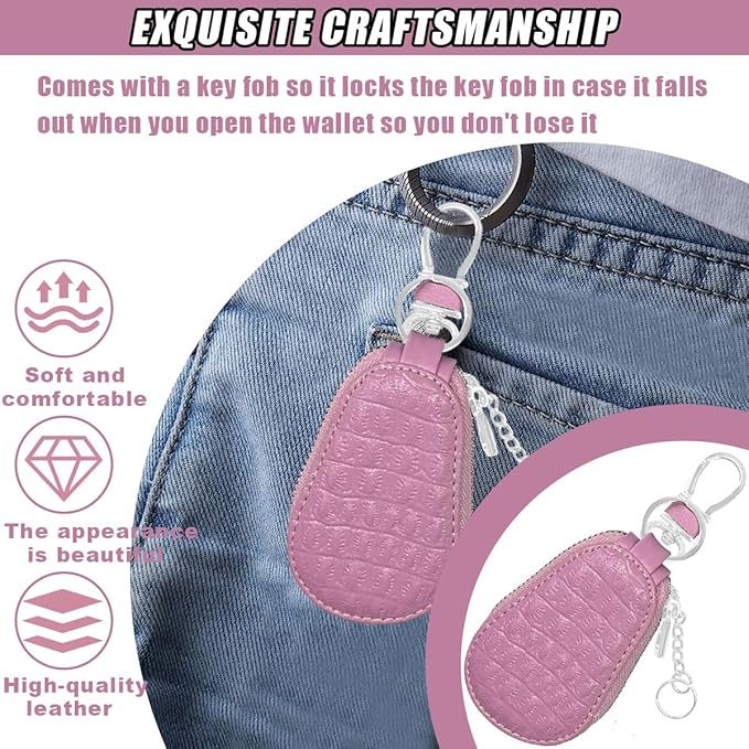 Leather Car Keychain Case Holder - Keyring Zipper Bag Auto Key Fob Cover Case with Metal Hook - Car Key Case Smart Key Fob Protector for Remote Key Fob (Pink)