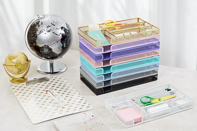Annova Desk Drawer Organizer Tray for Office Organization - Metal Mesh - Storage Tray with Dividers for Pens, Desktop Accessories, Bathroom, Kitchen, Makeup and Office Supplies (Small, Purple)