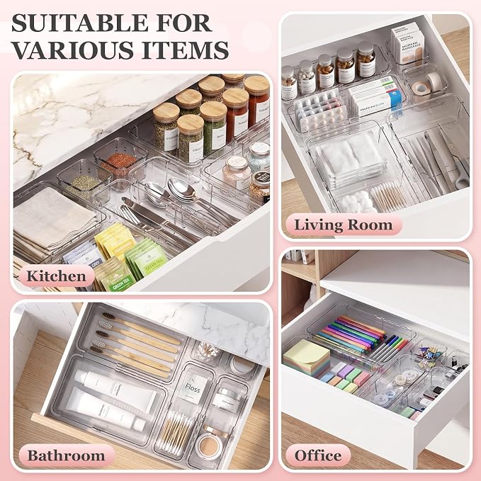 DILIBRA 16 Pcs Clear Extendable Drawer Organizer, 3-Size Adjustable | Plastic Non-Slip Storage Bins, For Makeup Cosmetic Jewelries, For Utensils Stationery, For Dressers Tool, Desk Drawer Storage