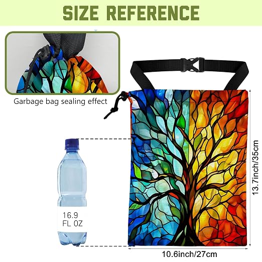 Car Trash Bag Colorful Stained Glass Tree Hanging Canvas Car Trash Bag Waterproof Drawstring Car Back Seat Organizer for Car Back Front Seat Console with Adjustable Buckle