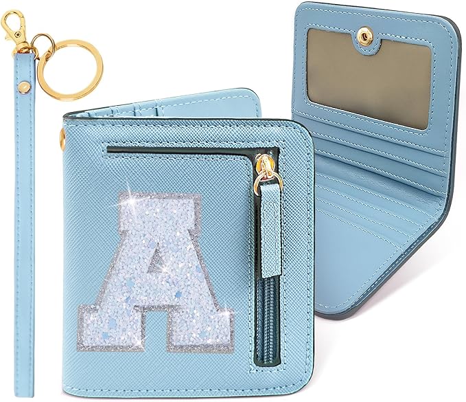 COSHAYSOO Initial RFID Wallet Small for Women Teen Girl Travel Daily Necessities, Compact Bifold Change Purse with Letter Patch Card Slot Lady Personalized Easter Gift Blue A