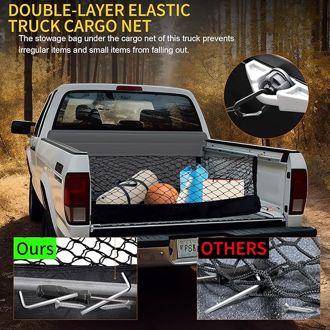 Envelope Style Truck Bed Cargo Net Fits for 2020-2025 Jeep Gladiator JT, Highly Elastic Truck Cargo Net for Gladiator JT Accessories,Upgraded Storage Bag & Heavy Duty Carabiners