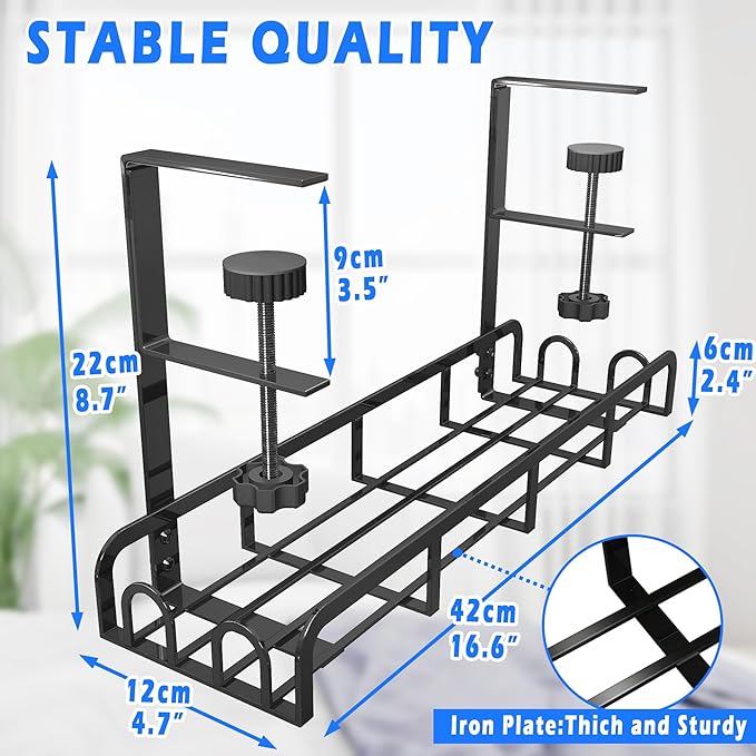 Sleclean Under Desk Cable Management Tray, Upgraded Long Arm Clamp, 16.6"x4.7" No Drill Steel Organizers, Cable Tray with Clamp for Wire Management, Home - No Damage to Desk