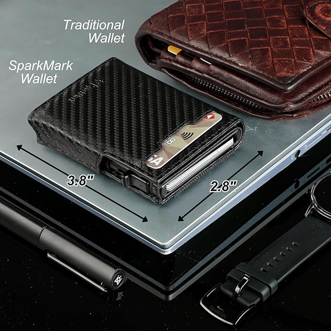 Minimalist Pop Up Wallet for Men | RFID Blocking Credit Card Holder Wallet with Money Clip | Mens Wallet Slim Bifold Front Pocket Metal Case with Gift Box (Premium Carbon Fiber Leather)