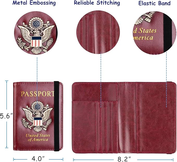TOURSUIT RFID Blocking Passport Holder for Women Men, Leather Passport Travel Wallet with 3D Metal Badge, Travel Document Organizer Cover Accessories (Rose Red)