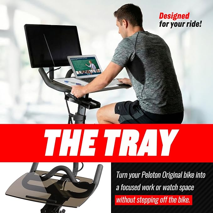 TFD The Tray Original for Peloton Bike Original Models, Angled Acrylic Desk Tray with Rubber Grip Insert for Laptop, Tablet, Phone, and Books, Work or Read While Riding, Dark Acrylic