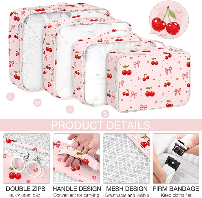 KPX 8 Set Packing Cubes for Travel, Luggage Packing Organizers Accessories Large Toiletries Bag for Clothes Shoes Cosmetics (8Set-Cherry & Bow)