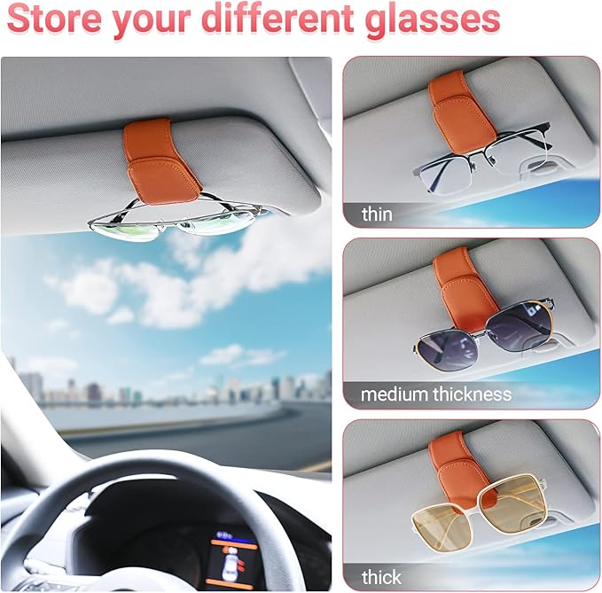 KanSmart Sunglass Holder for Car Visor Sunglasses Clip Magnetic Leather Glasses Eyeglass Holder Truck Car Interior Accessories Universal for Woman Man -Orange