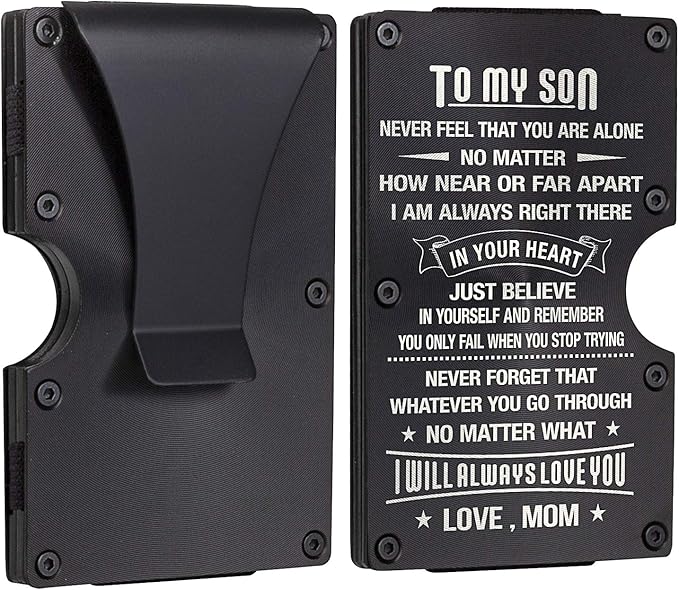 awofer Personalized Wallet Gifts for Son from Mom Custom Aluminum Wallet with money clip Engraved Credit Card Holder Sons Gradation Christmas Birthday Gifts
