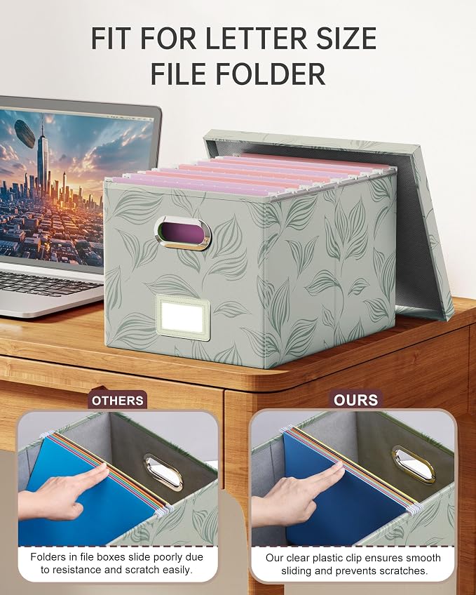 Oterri File Organizer with Lid, File Box, File Cabinet for Letter File Folder Storage, Hanging File Organizer for Office/Decor/Home,Document Organizer, 1 Pack,Leaf Gray-Box Only