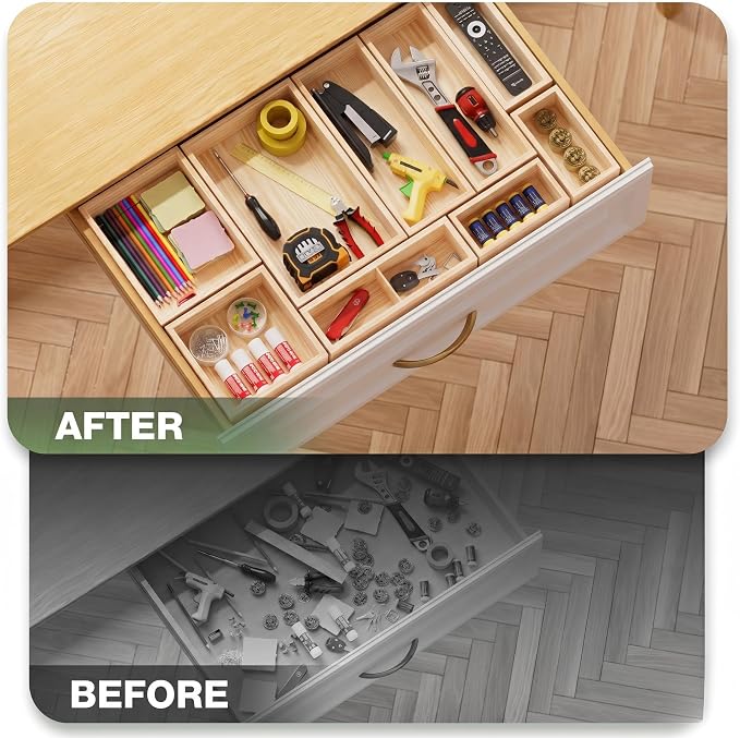 9-Pack Solid Wood Junk Drawer Organizer, Modular Desk Drawer Tray & Accessories with Non-Slip Pad, Multi-Use for Kitchen, Office, Bedroom Dresser, Utensil, Makeup, Stationery, Tea Bags & Coffee Pod