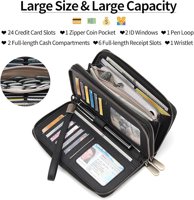 GAEKEAO Wallet for Women Clutch Leather RFID Blocking Wristlet Purse Zip Around Wallets Large Capacity Credit Card Holder