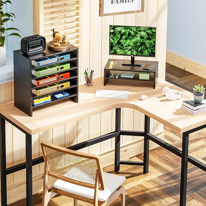 Simple Trending Monitor Stand Riser, 2-Tier Wood Office Desk Storage Organizer for Laptop, Computer