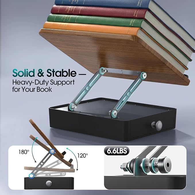 Book Stand with Storage Drawer, Adjustable Wooden Reading Stand for Desk, Ergonomic Height & Angle Book Holder for Textbooks, Cookbooks, Art Sketching (Walnut Finish, 10.5" x 15.5" XL Panel)