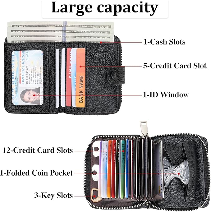 GAEKEAO Women's Leather Wallet RFID Blocking Card Holder with Many Compartments Small Purse with Zipper Key Chain Wallets