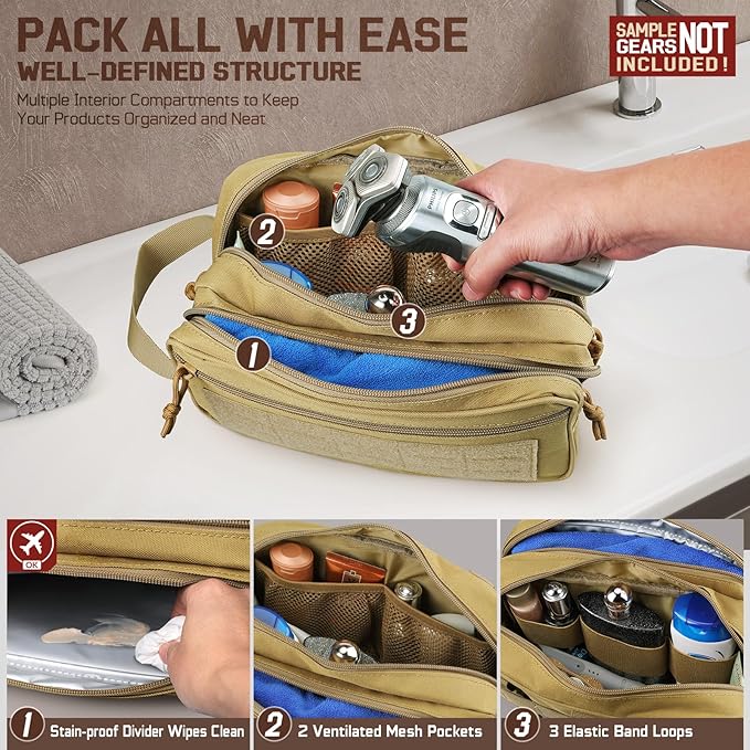RXW EDC Toiletry Bag for Men, Tactical Dopp Kit, Molle Pouches Compact Travel Organizer for Shaving Shower, Hygiene, Grooming (Includes Dry/Wet Compartment & US Flag Patch)