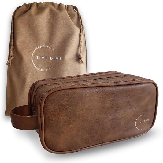Premium Men’s Toiletry Bag with Drawstring Pouch – Durable Water-Resistant Leather-Look Travel Organizer for Shaving, Grooming & Hygiene Essentials (Light Brown)