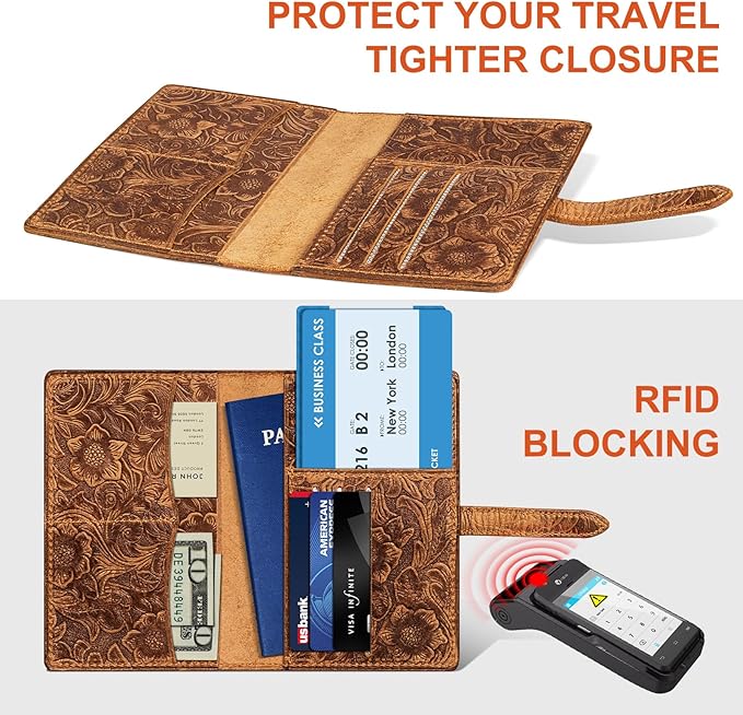 Genuine Leather Passport Holder Travel Bifold Wallet For Men And Women Slim RFID Blocking Brown