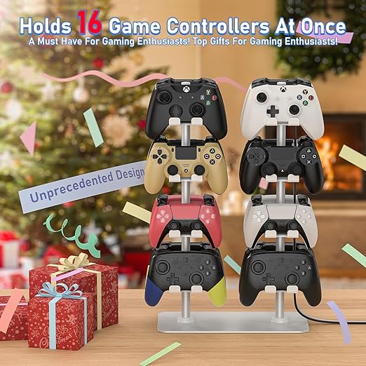 MANMUVIMO Controller Holder for 16 Xbox PS5 PS4 Gaming Controller, Video Game Controller Holder Headphone Stand for Desk, Gamer Gifts for Men, Gaming Room Accessories Maximum Organizer (White)