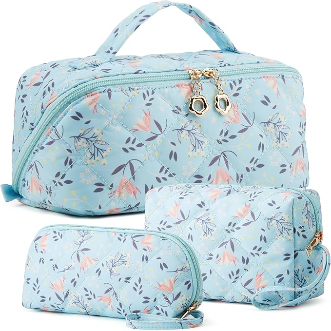 YTL Travel Makeup Bag, Puffer Cosmetic Bag for Women, Waterproof Puffy Padded Make Up Bags, Flat Open Portable Organizer Case Toiletry Bag Pouch Purse for Skincare, Brushes & Travel Essentials