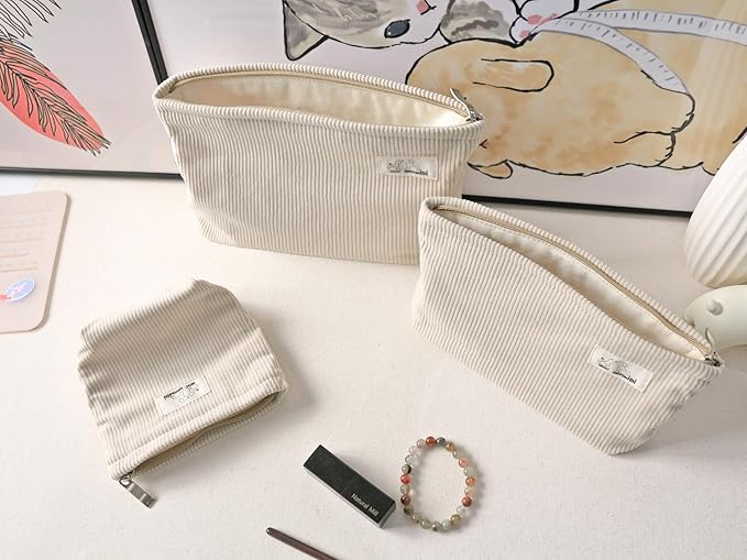 HAPPYHEIDI Corduroy Makeup Bag Set 3 w Divider Cosmetic Toiletry Travel Pouch Purse Organizer, 3-Size, Soft Creamy White