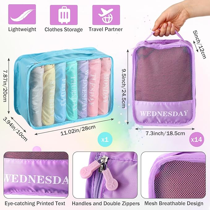 Days of Week Packing Cubes Weekly Organizer Travel Storage Bag School Clothes for Kids Summer Camp Family(7x9x3inch,Macaron,15)