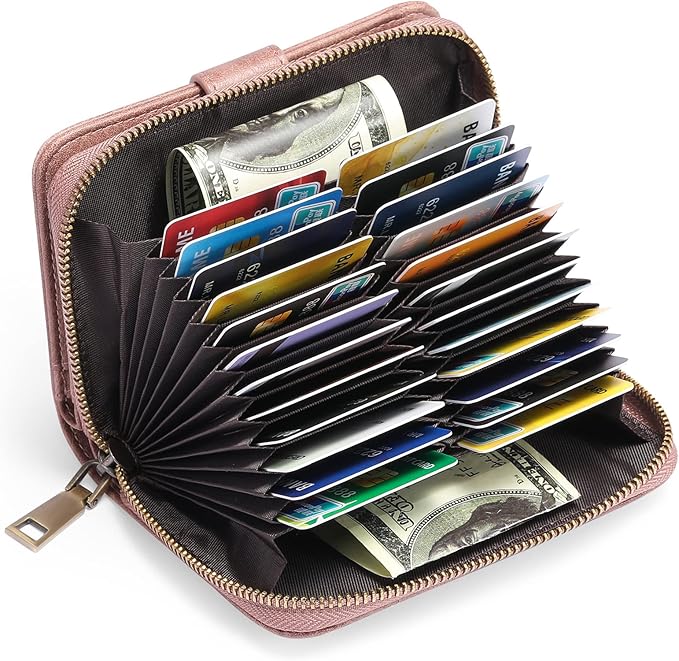 GAEKEAO Leather Credit Card Holder Wallet for Women RFID Blocking Large Capacity Bifold Zipper Card Case Organizer with Wristlet 32 Slots