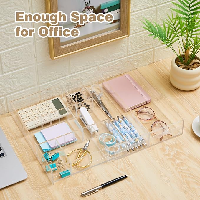 Briwooody 2 Pcs Acrylic Desk Drawer Organizer Maximum 11.8 x 17 x 1.9 Inch Expandable Drawer Organizer Trays with 7 Adjustable Compartments Desk Accessories for Makeup Silverware Office Bathroom