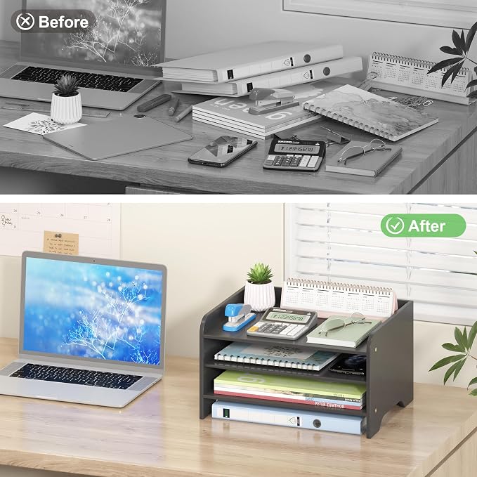 Desk File Organizer 4-Tier Desktop Paper Mail Organizer Document Holder for Home Office Supplies, Office Desk Accessories & Workspace (Black)
