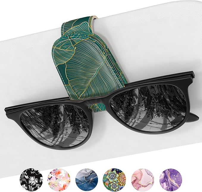 Sunglasses Holder for Car Visor, Magnetic Leather Car Sunglass Holder, Car Sun Visor Glasses Hanger Clip, Car Interior Accessories for Women Men, Fits All Size Eyeglasses