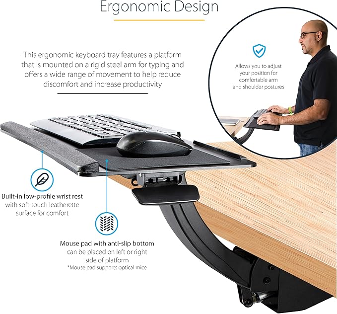 StarTech.com Under Desk Keyboard Tray - Full Motion & Height Adjustable Keyboard and Mouse Tray, 10"x26" Platform - Ergonomic Desk Mount Computer Keyboard Tray with Mouse Pad & Wrist Rest (KBTRAYADJ2)