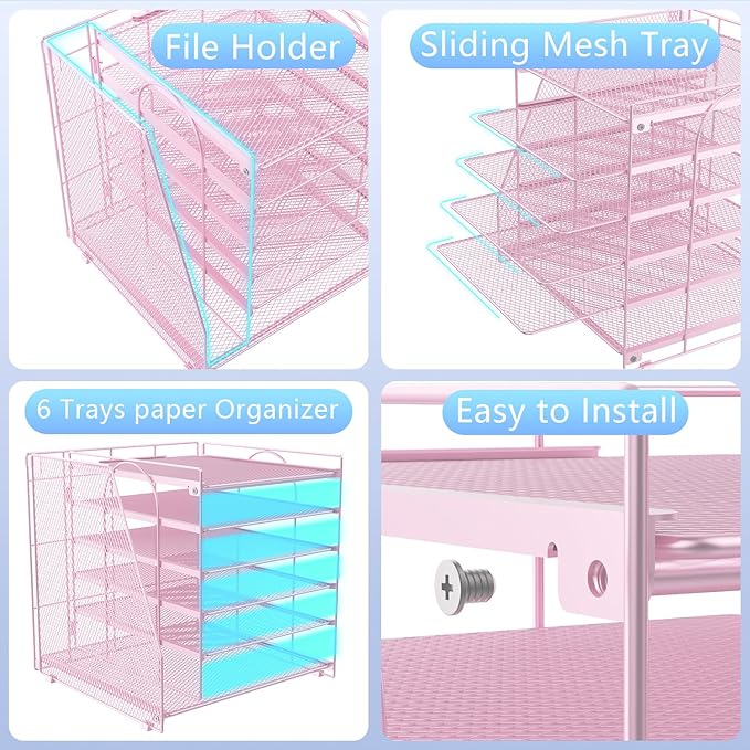 gianotter 6-Tier Paper Organizer With Magazine Holder, Desk Organizers and Accessories, Desk Accessories & Workspace Organizers, File Organizer for Office Supplies Storag (Pink, 6-Tier)