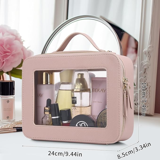 Pinkmik Clear Makeup Bag with Brush Bag Portable Cosmetic Bag Case Travel Toiletry Bag Car Essential for Women (Pink, L+SLIM)