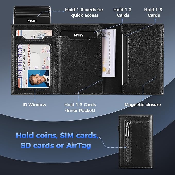 Mens Slim Minimalist Wallet Card Holder with Coin Pocket, Cash Slot, Magnetic Closure, Pop Up Aluminum Case, ID Window, Leather Wallet, RFID Blocking, 9-13 Card Capacity (Wax Black)
