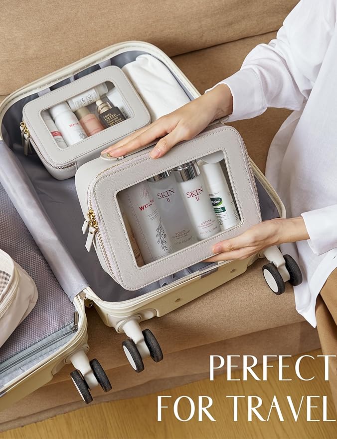 Popvibe Clear Makeup Bag Toiletry Case Travel Transparent Cosmetic Bag with Zipper, Portable Make Up Organizer Traveling Compact Car Bag for Essentials, Beige Grey