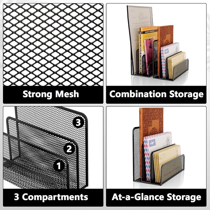 Mesh Mail Organizer 3 Slot Mail Holder for Desk Mesh Letter Sorter File Holder for Home Office Documents, Envelopes, and Postcards Paper Clip Holder set (Black)
